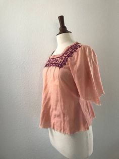 Vintage pink embroidered hippie tunic blouse sx xs to S Feminine Summer Crew Neck Blouse, Bohemian Cotton Tops For Fall, Bohemian Style Relaxed Fit Blouse For Spring, Bohemian Relaxed Fit Tops For Spring, Spring Bohemian Relaxed Fit Tops, Fall Bohemian Cotton Tops, Bohemian Short Sleeve Tops For Spring, Pink Flowy Cotton Top, Flowy Pink Cotton Tops