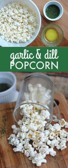 garlic and dill popcorn on a cutting board