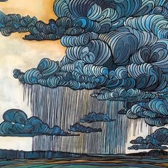 a painting of clouds and rain in the sky