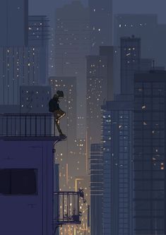 a man standing on top of a tall building next to a night sky filled with lights