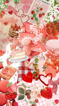 a collage of hearts, strawberries, cake and other food on a table