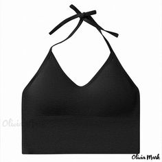 Olivia Mark - Seamless, Wire-free and Sensual Sports Bra with Halter-neck Design and Open-back Feature Sports Bra Design, Camisole Bra, Backless Bra, Halter Bralette, Black F, Bandeau Bra, Sportswear Fashion, Swimsuit Dress, Wearing Black