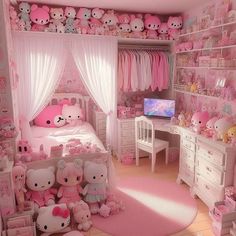 a bedroom with hello kitty decorations and pink walls