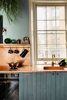 a kitchen with blue walls and wooden floors, potted plants on the window sill