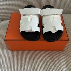 Black Rubber Sole Black Calfskin Insole White Goatskin Lining Size 37 Brand New In Box Comes With Dust Bag Box And Shoes Hermes Shoes, Black Rubber, Women's Shoes Sandals, Calf Skin, Rubber Sole, Womens Sandals, Shoes Sandals, Dust Bag, Women Shoes