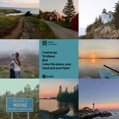 a collage of photos with the words maine on it and images of houses, boats, trees, water