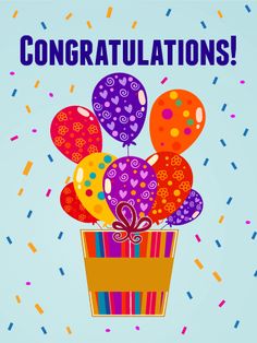 congratulations card with balloons and confetti in a box on a blue background illustration