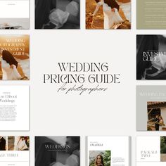 the wedding pricing guide for photographers is displayed on a white background with many different images