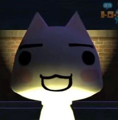 an animated cat with a mustache and glowing light in front of brick wall at night