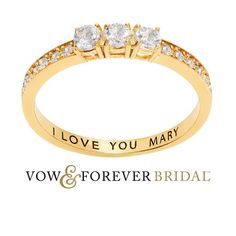 Begin your lives together with this delicately elegant wedding ring from our Vow and Forever collection! Three stone design features genuine White Topaz set on a 14K Gold plated band. Have us engrave the inside with your names, wedding date or other special message. This beautiful symbol of your love will last a lifetime! Personalization cannot contain any special characters, emojis or shapes. Size: one size.  Color: Metal Type.  Gender: female.  Age Group: adult. Engraved Wedding Ring, Elegant Wedding Rings, Engraved Wedding Rings, Beautiful Symbols, Engraved Wedding, Stone Design, Special Characters, White Topaz, Three Stone