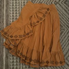 Aztec Boho Salsa Tiered Skirt. Zipper Back. Embroidered Thick Luxurious Material Warm Bohemian Camel Orange Embroidered Skirt For Vacation, Traditional Ruffled Skirt For Summer, Ruffle Hem Skirt, Boho Skirt, Skirt Zipper, Boho Skirts, Long Maxi Skirts, Hem Skirt, Tier Skirt