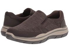 SKECHERS Relaxed Fit Expected 2.0 - Arago - Men's Shoes : Olive/Brown : The SKECHERS Relaxed Fit Expected 2.0 - Arago loafer gives you a casually cool finish to any look with a soft woven sporty knit mesh fabric upper. Featuring a pull-on design with rear pull-tab for easy entry and dual side elastic fabric panels for a slip-on fit. Moc toe with raised stitch seam and reinforcement at the bumper. Breathable fabric lining and Air Cooled Memory Foam topped cushioned comfort insole. Relaxed Fit des Brown Shoes Men, Blue Flip Flops, Skechers Relaxed Fit, Mens Skechers, Moccasins Mens, Skechers Shoes, Men Style Tips, Brown Shoe, Tennis Shoes