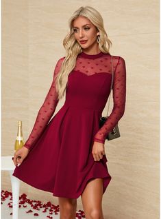 JJ's House No Jacquard Lace Polyester Mini Illusion Spring A-line NO Burgundy S Height:5.7ft(174cm) Bust:33.5in(85cm) Waist:26in(66cm) Hips:36in(91cm) Above the Knee Dress. #JJ's House #No #Jacquard #Lace #Polyester #Mini #Illusion #Spring #Aline #NO #Burgundy #S #AbovetheKnee #Dress Graduation Dress Winter, Dresses For Christmas Party, Dresses For Christmas, Dance Dress Ideas, Red Formal Dresses, Stylish Prom Dress, Mermaid Prom Dresses Lace, Formal Dresses With Sleeves, Winter Red