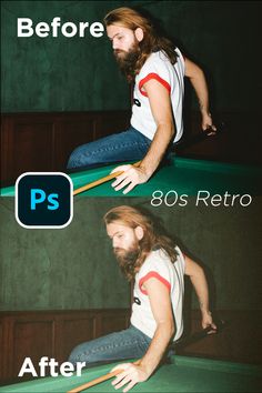 a man with long hair sitting on top of a pool table