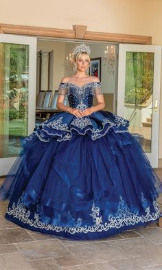 Navy blue quinceanera ball gown with off the shoulder fringe straps and sweetheart neckline. Quince Dresses Royal Blue And Silver, Blue And Silver Quinceanera Dresses, Navy Quinceanera Dresses, Silver Quinceanera Dresses, Navy Blue Quinceanera, Navy Blue Quinceanera Dresses, Knot Board, Blue Quinceanera Dress, Royal Blue Quinceanera Dresses