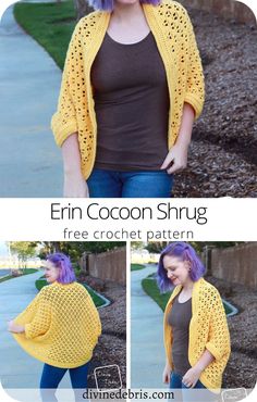 a woman with purple hair wearing a yellow crochet shrug