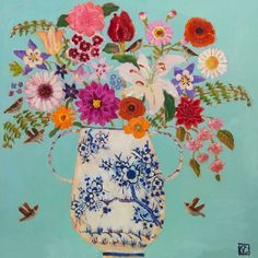 a painting of flowers in a vase on a blue background