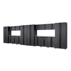 three black metal cabinets with white panels on the sides and one is empty in front