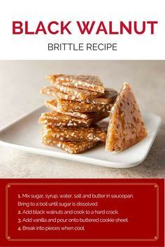 the recipe for black walnut brittle is shown on a white plate with red trimming