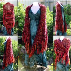 four different pictures of a scarf made out of yarn