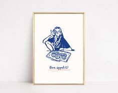 a blue and white drawing of a woman sitting at a table with a tray of donuts