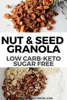 keto, nut and seed granola recipe on a white background with text overlay