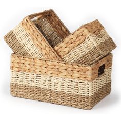 three wicker baskets stacked on top of each other