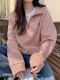 Romildi Solid Zip Front Pullover Sweatshirt, Casual Long Sleeve Sweats – Moxge&Romildi Y2k Hoodie, Casual Day Outfits, Hoodie Women, 가을 패션, Casual Coat, Casual Style Outfits, Looks Vintage, Outfits Casuales, Long Sleeve Sweatshirts