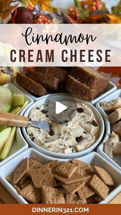 a plate with crackers, apples and cheese on it next to an image of cinnamon cream cheese