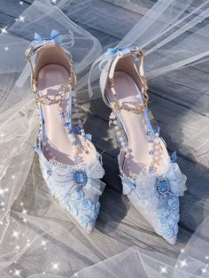 Bow at Top Rhinestones Butterfly Decorated 6.5CM/8.5CM Light Blue High Heels High Heels Butterfly Shoes, Princess Ball Shoes, Pink And Blue Heels, Light Blue Fashion Aesthetic, Blue Butterfly Clothes, Butterfly Heels Aesthetic, Manhwa Heels, Debut Heels, Blue Heels Aesthetic