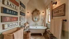 a bath room with a tub a sink and some signs on the wall above it