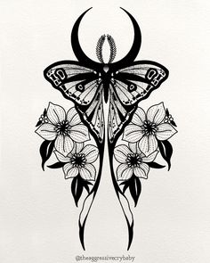 a black and white drawing of a butterfly with flowers on it's back side