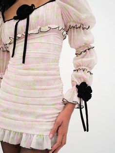 Vienna Mini Dress | For Love & Lemons Cute Long Sleeve Mini Dress For Spring, Mini Dresses With Ruffles, Elegant Pink Mini Hem Dress, Feminine Pink Mini Hem Dress, Cute Mini Dress For Parties, Feminine Mini Dress With Floral Print, Pink Party Dresses With Mini Hem, Flirty Mini Length Dresses For Garden Party, Cute Ruched Dress For Garden Party