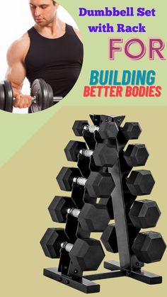 the dumbbell set with rack for building better bodies is shown in this advert