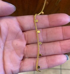 Top quality tarnish resistant dainty curb chain with round flat dangle disk that are soldered, chain is soldered, 18k gold plated brass. Beautiful color, nickel free. 2mm x 2mm x 1mm  sold by the foot all orders ship within 24 hoursnew supplies added to shop weekly spiritualnaturegifts.etsy.com Dainty Curb Chain Necklace, Gold Dangle Chain Bracelet With Adjustable Chain, Gold Chain Bracelet With Adjustable Chain, Des Moines, Curb Chain, Beautiful Colors, 18k Gold, Gold Plate, Plating