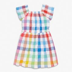 This top checks all the boxes. It's festive enough for seasonal RSVPs, comfy enough for everyday play, and mix-and-matches with everything. (Further proving our point that rainbows are a neutral!) Fabric: 83% cotton/17% recycled polyester; pre-washed to minimize shrinkage. Feel: Soft and lightweight with a puckered tex Rainbow Gingham, Picnic Dress, Flutter Sleeve Top, Flutter Sleeve Dress, Toddler Girl Dresses, Kids Shorts, Kids' Dresses, Kids Dress, Gingham