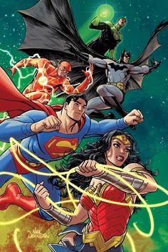 dc comics characters flying through the air with their arms around each other and glowing lights behind them