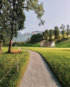 a path leading to a house in the middle of a field