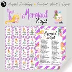 the mermaid sayings game is displayed on a white and purple checkered background