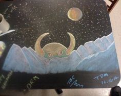 a chalk drawing of an alien floating in the sky with mountains and planets behind it