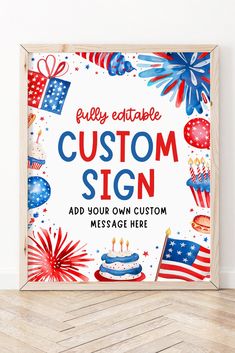 this is an image of a custom sign with fireworks and stars in the background that says,