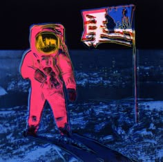 an astronaut standing on the moon next to a flag