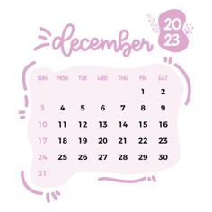 a pink calendar with the word december on it and a handwritten date for each month