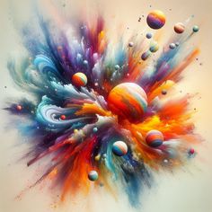 an abstract painting with multicolored shapes and bubbles in the air on a white background