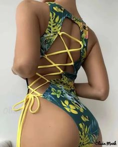 Olivia Mark - Womens Tropical Print Lace-up Backless One-Piece Swimsuit Bandage Bathing Suit, Colorful Bathing Suit, Backless One Piece Swimsuit, Yellow Swimsuits, Cut Out One Piece, Mini Robes, Bra Types, Bustiers, Komplette Outfits