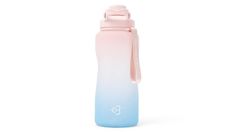 a pink and blue water bottle on a white background