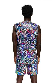 This mens cut off tank top in Kaleidoscope is great for anytime you want to add a little psychedelic flare to your look. Be prepared to fall in love with the rainbow reflective accent panels at the sides that are perfect for photobombing or lighting up the night. We love this cut off tank top for mens festival outfits and mens rave outfits but it's great anytime you want to add a trippy touch to your 'fit. FEATURES: Made with high quality four way stretch multi color neon holographic geometric s Multicolor Sleeveless Tops For Streetwear, Multicolor Graphic Print Top For Music Festival, Multicolor Graphic Print Festival Shirt, Psychadelic Outfits Men, Rave Sleeveless Tank Top For Festival, Sleeveless Rave Tank Top For Festivals, Rainy Festival Outfit, Cotton Graphic Print Rave Tops, Neon Rave Outfits