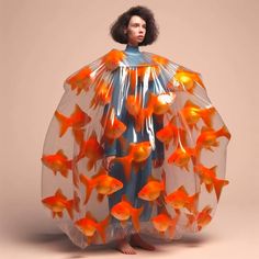 a woman in a dress made out of plastic goldfish is standing with her hands on her hips