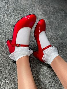 Red White Shoes, Valentines Vintage, Mushroom Costume, Red And White Outfits, Lace Ankle Socks, Shiny Boots, Frilly Socks, Vintage Socks