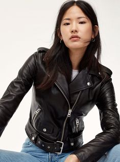 In The Market For A New Leather Jacket? Aritzia's Got You #refinery29 Biker Babe Outfit, Aritzia Jacket, Hell Bent, Celebrities Leather Jacket, Leather Jacket Girl, Biker Babe, Best Leather Jackets, Lamb Leather Jacket, Womens Biker Jacket